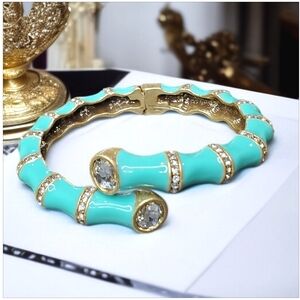 Magnificent Chunky Blue Enamel Bamboo Zircon Crystal Hinged Bypass Bracelet